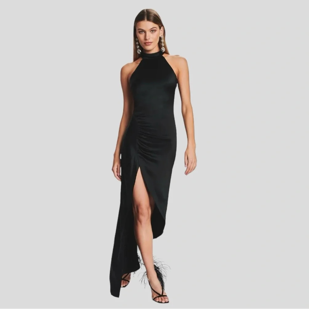 RETROFETE Sab Black Satin Maxi Dress Dark Romance Front Slit Glam Event, Size XL